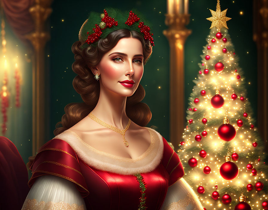 Festive Christmas woman in holly dress with tree