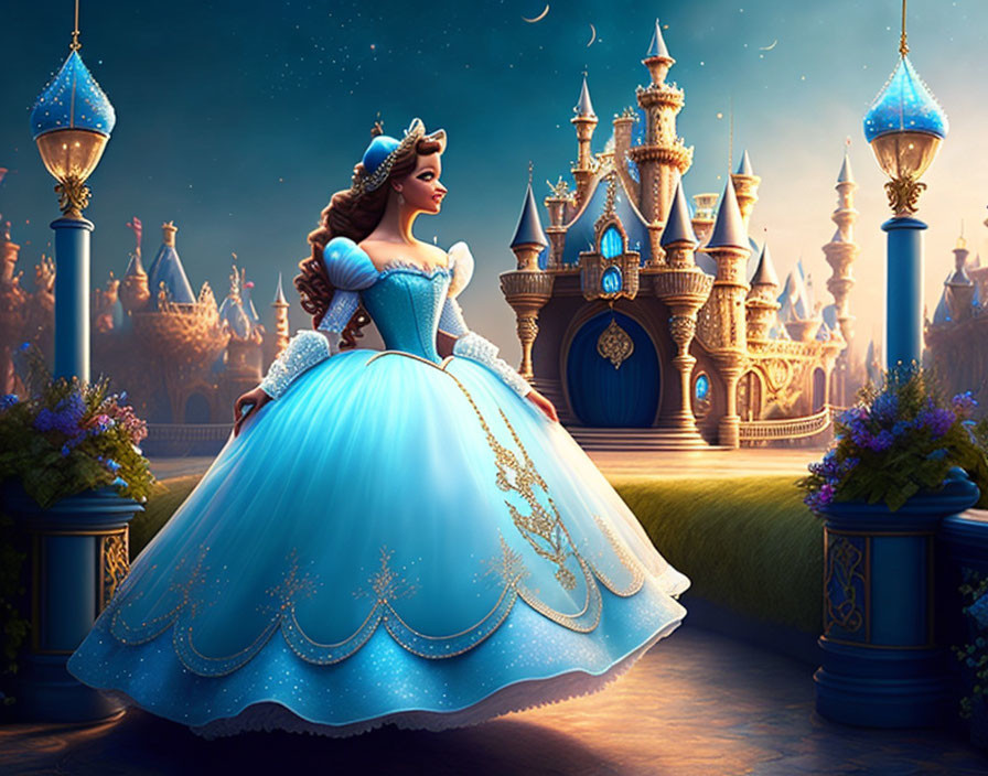 Animated princess in blue gown at twilight castle