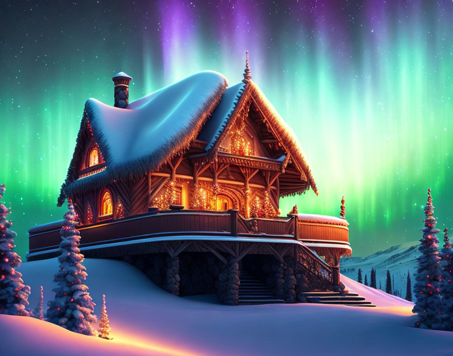 Winter Cabin with Festive Lights and Aurora Borealis in Snowy Landscape