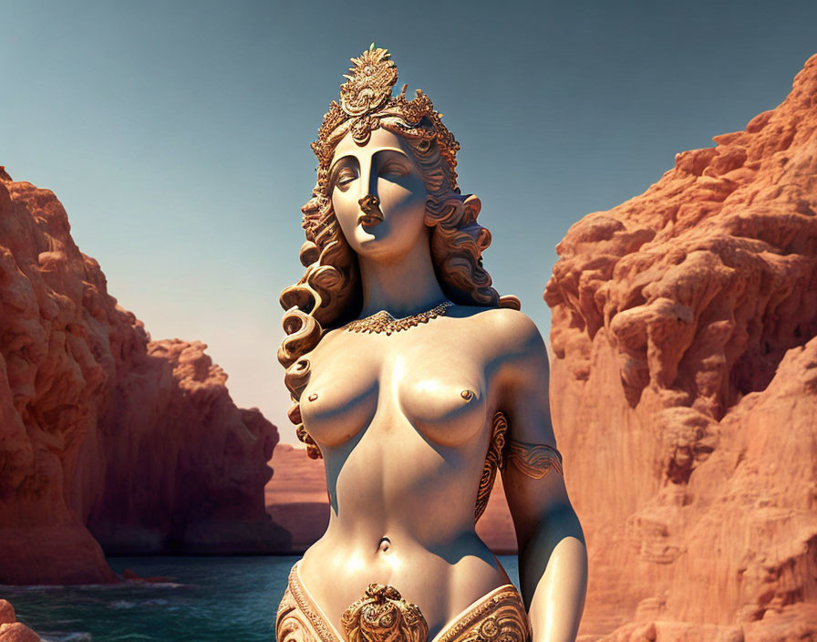 Detailed 3D illustration of topless mythological female with golden headgear on red rocky cliffs.