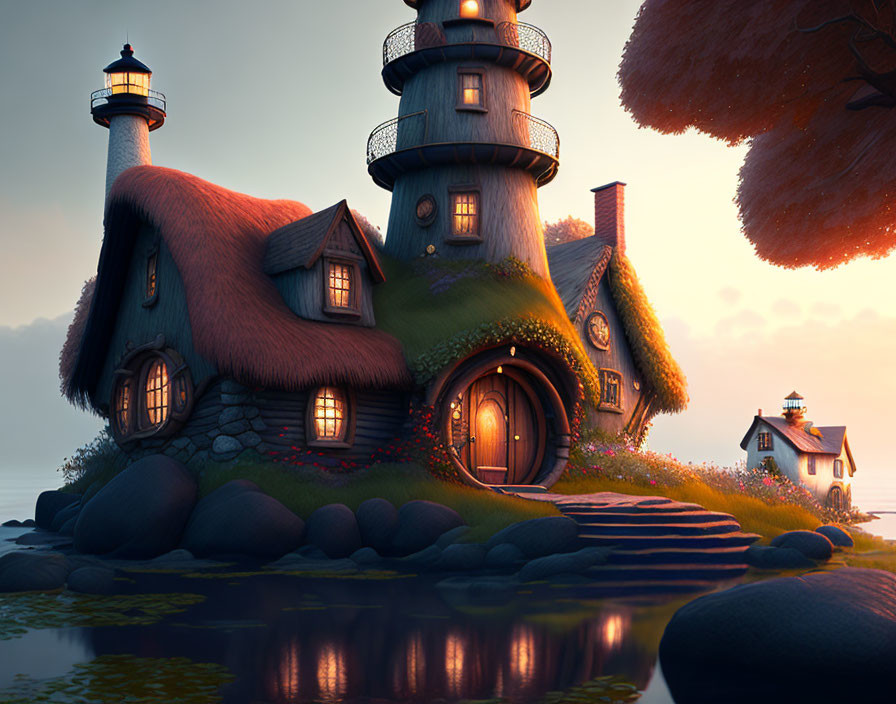 Whimsical fairytale cottage with lighthouse on peaceful island at dusk