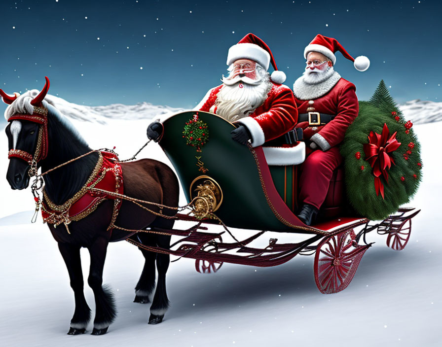 Dual Santa Claus Figures Ride Sleigh with Lone Reindeer in Snowy Night