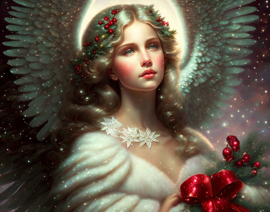 Angel digital art with holly and cosmic background