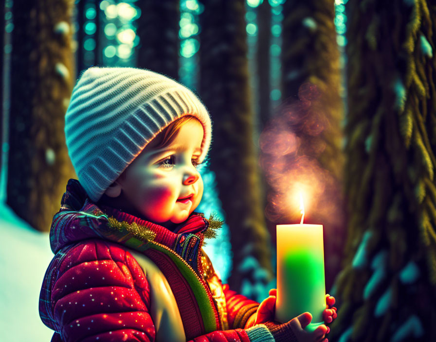 Child in winter attire gazes at glowing candle in snowy scene