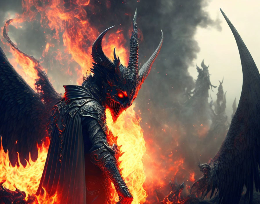 Horned demonic figure in armor with fiery background