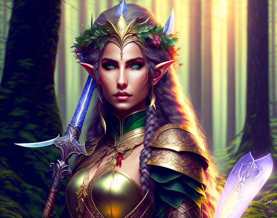 Regal elf woman in green and golden armor with silver sword