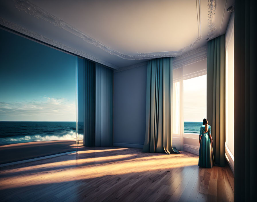 Person in Turquoise Dress Gazes at Ocean Through Large Windows