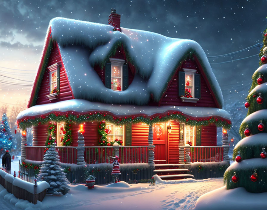 Snow-covered house with Christmas lights in twilight.