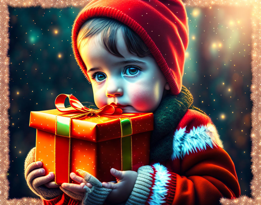 Child in winter attire with gift in magical snowflake-filled setting.