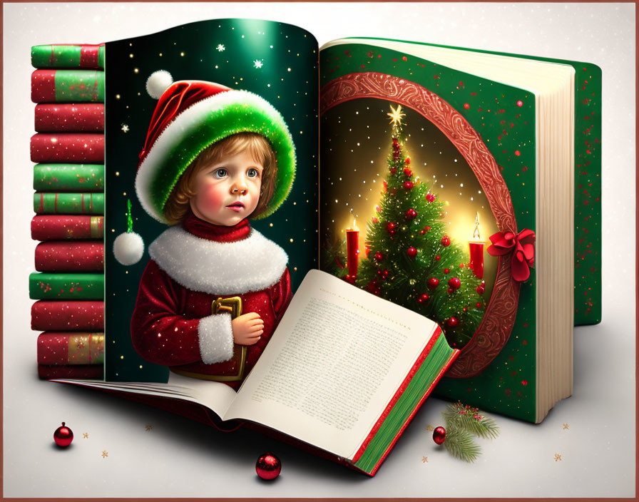 Child in Santa costume gazes at Christmas tree in magical holiday scene