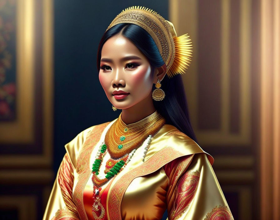 Traditional Thai Attire Portrait with Gold Jewelry and Silk Dress