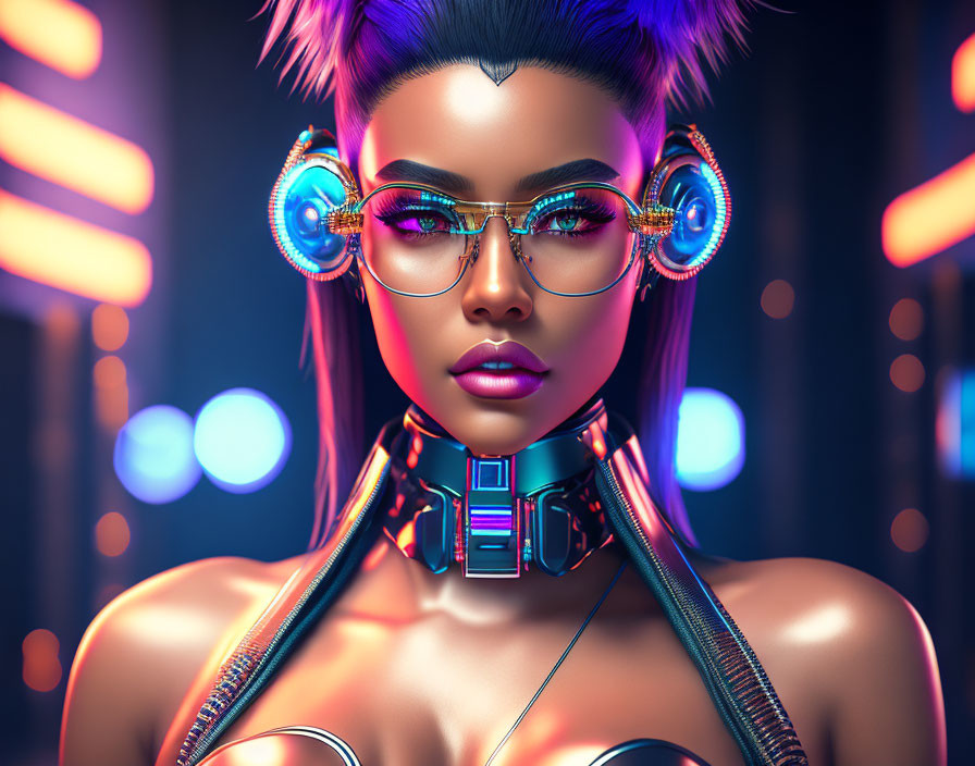 Futuristic digital artwork of a woman with neon cyberpunk headphones