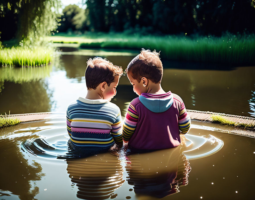 Children by Pond with Feet in Water Surrounded by Greenery