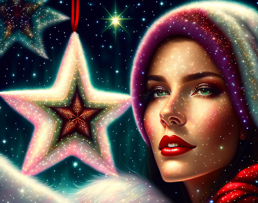 Digital artwork of woman with red lips and fur-trimmed hood under starry night sky