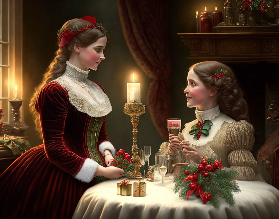 Victorian-era women in festive attire sharing a holiday toast