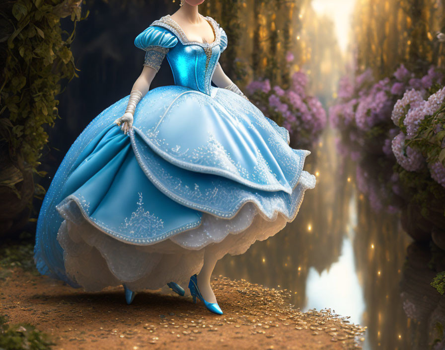 Person in Blue Ball Gown by Reflective Water in Forest with Purple Flowers