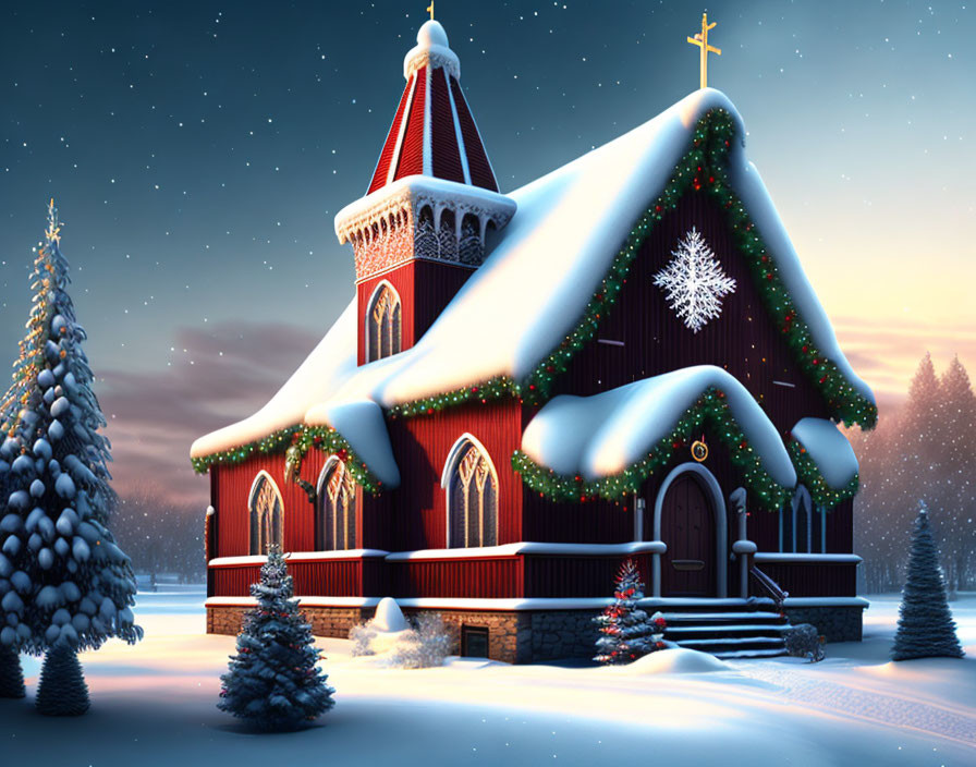 Snowy winter landscape: Chapel with Christmas lights & decorations