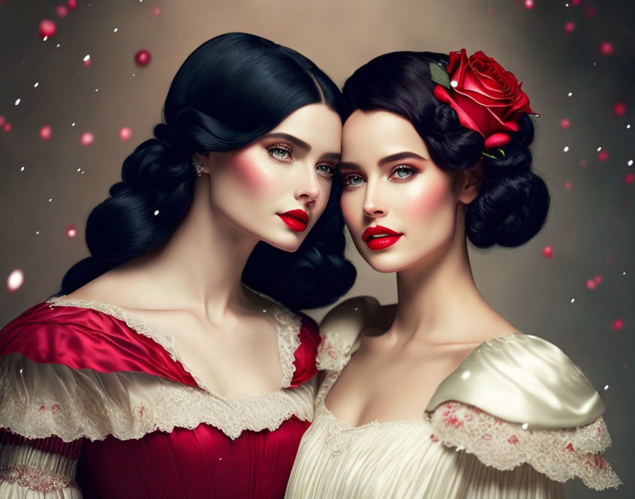 Illustrated women in vintage dresses with dark hair and red lips, one in red and the other in