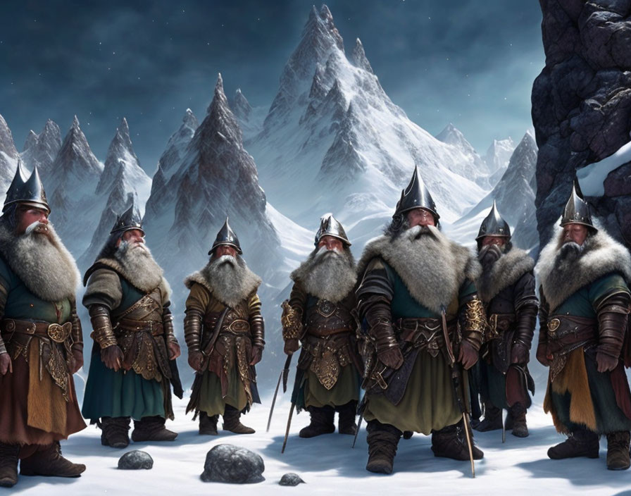 Bearded dwarves in armor against snowy mountains