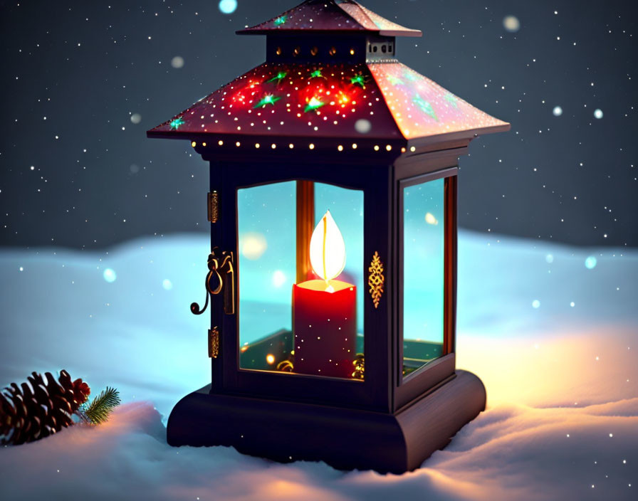 Glowing lantern with flickering candle in snowy night scene