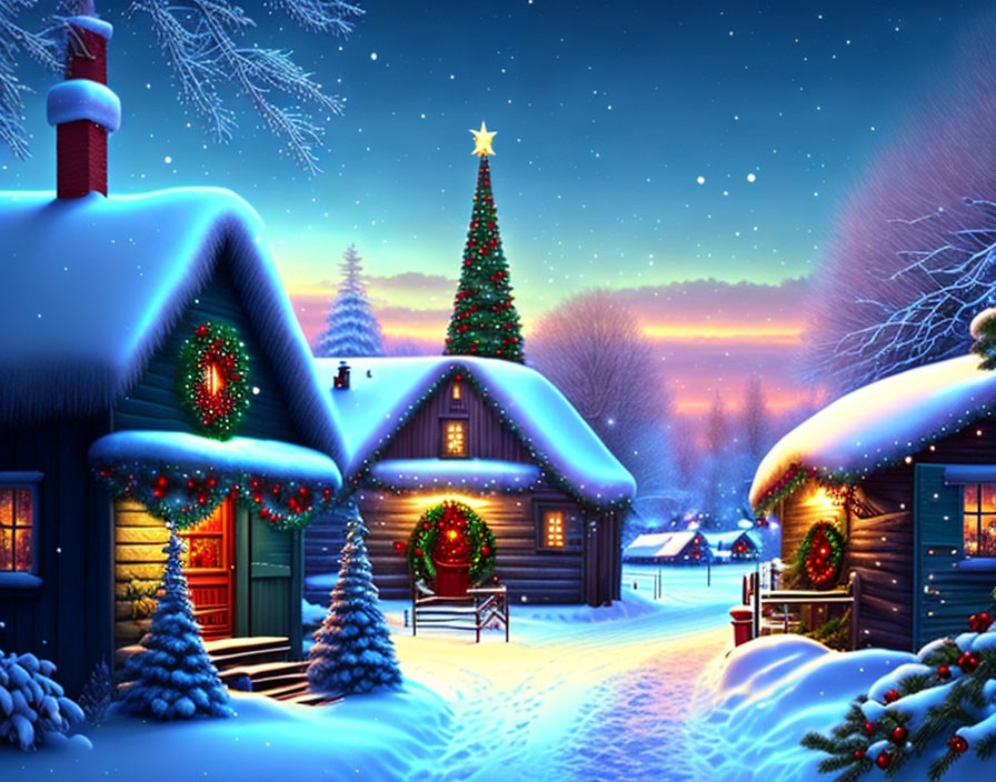 Snow-covered houses with festive decorations and a Christmas tree in a winter scene