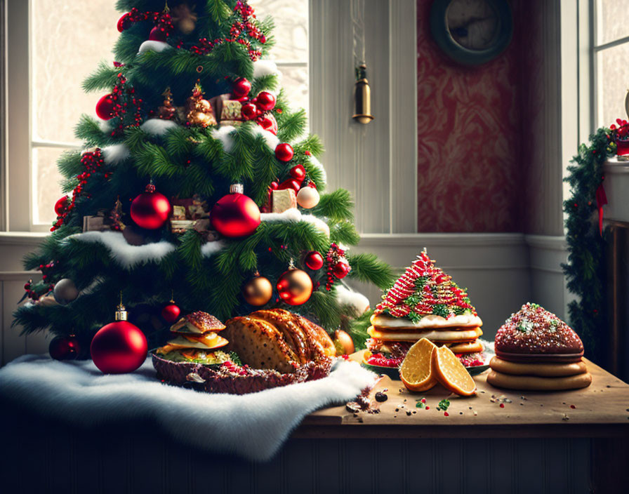 Festive table with Christmas tree, holiday treats, cakes, and sandwiches by window