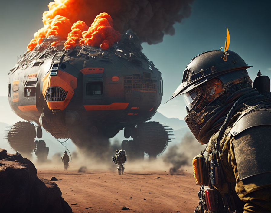 Armored vehicle explosion in futuristic desert scene with soldiers watching