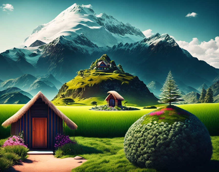 Grass-covered hills, round bush, wooden hut, small house, snowy mountain peaks.