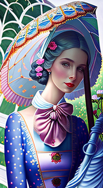 Colorful Stylized Woman with Parasol in Intricate Design