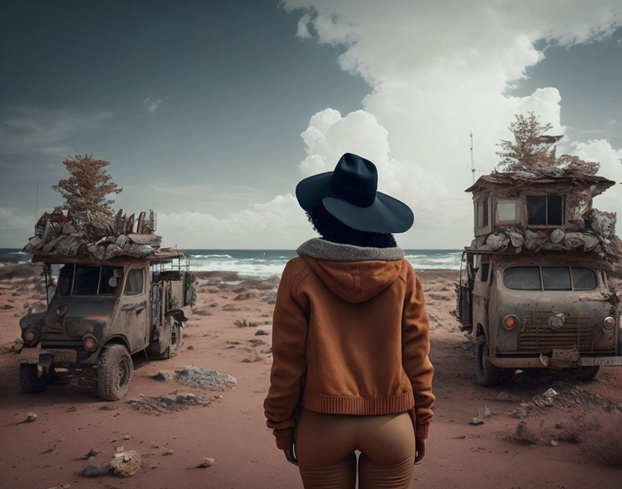 Person in brown hoodie and wide-brimmed hat on sandy beach with old rusty vehicles under dramatic sky