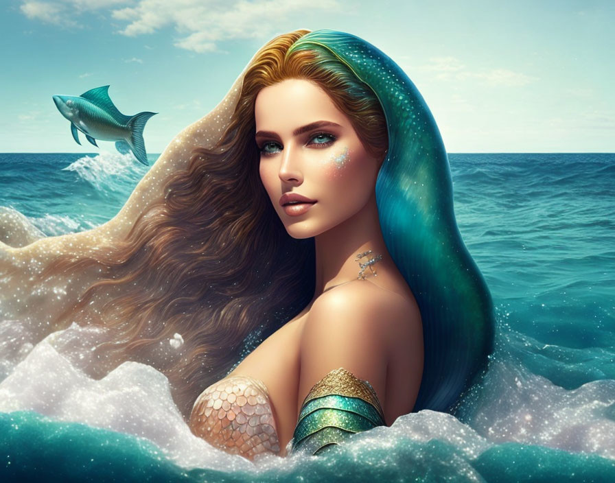 Mermaid illustration with long wavy hair and shimmering tail by the sea