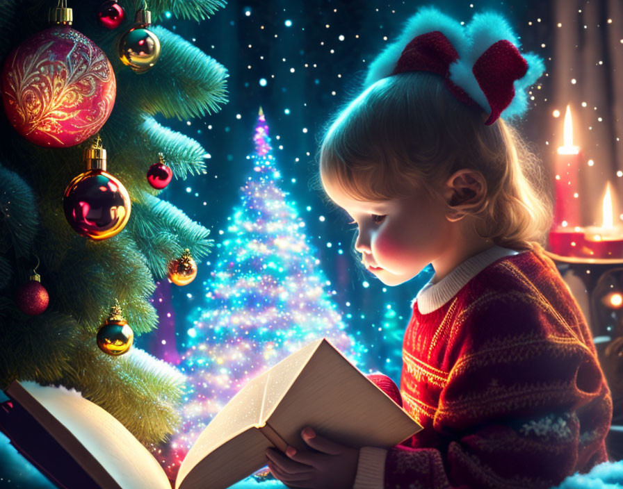 Child reading by candlelight near Christmas tree with glowing lights