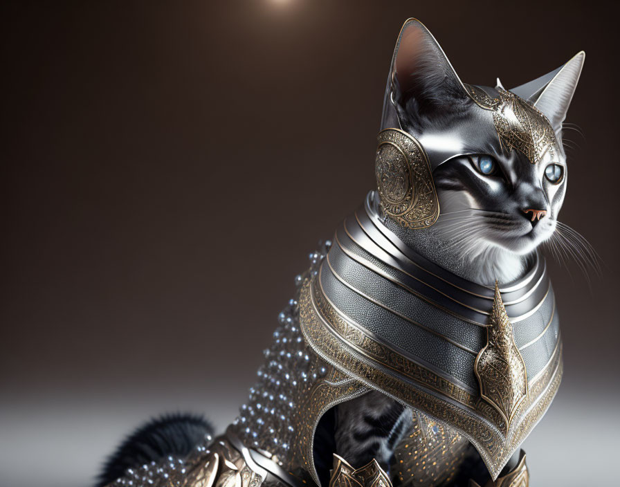 Digitally created cat in ornate metallic armor with intricate designs