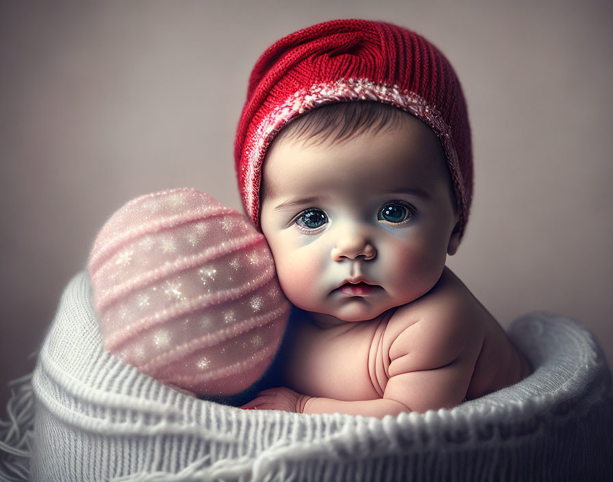 Blue-eyed baby in red beanie with pink knitted blanket gazes at camera