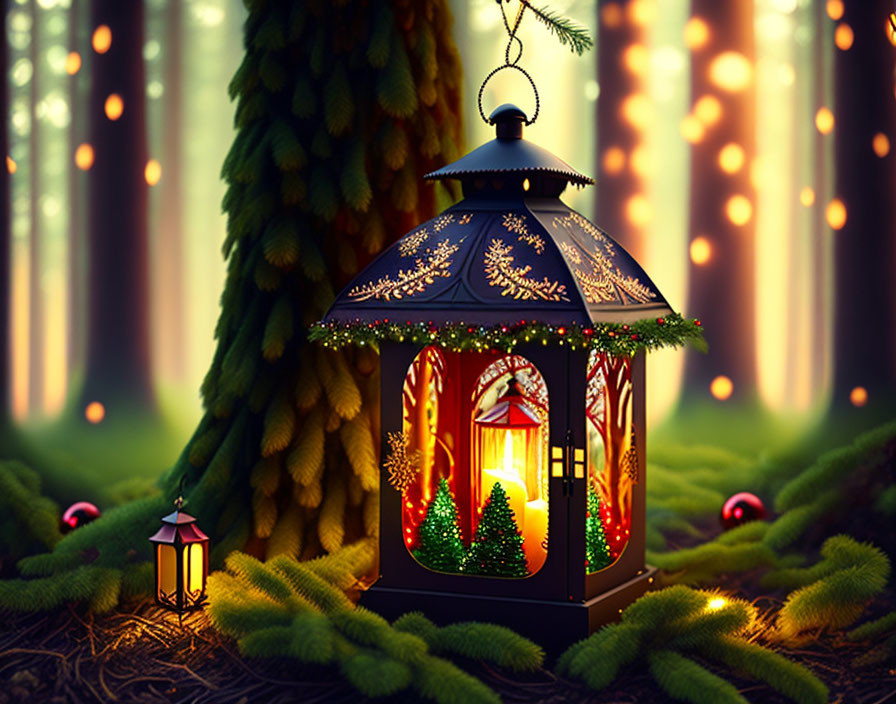 Intricate patterned lantern lighting up Christmas tree in mystical forest