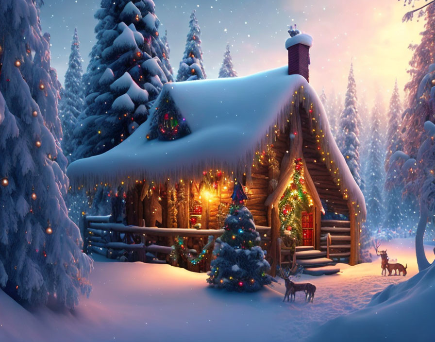 Snowy cabin with Christmas lights in tranquil winter scene