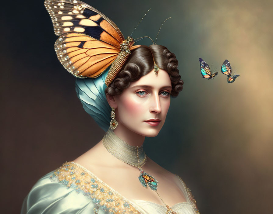 Digital Artwork: Woman with Butterfly Headdress and Vintage Attire