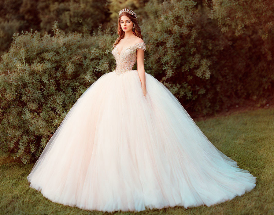 Elegant person in voluminous pink gown with tiara in grassy area