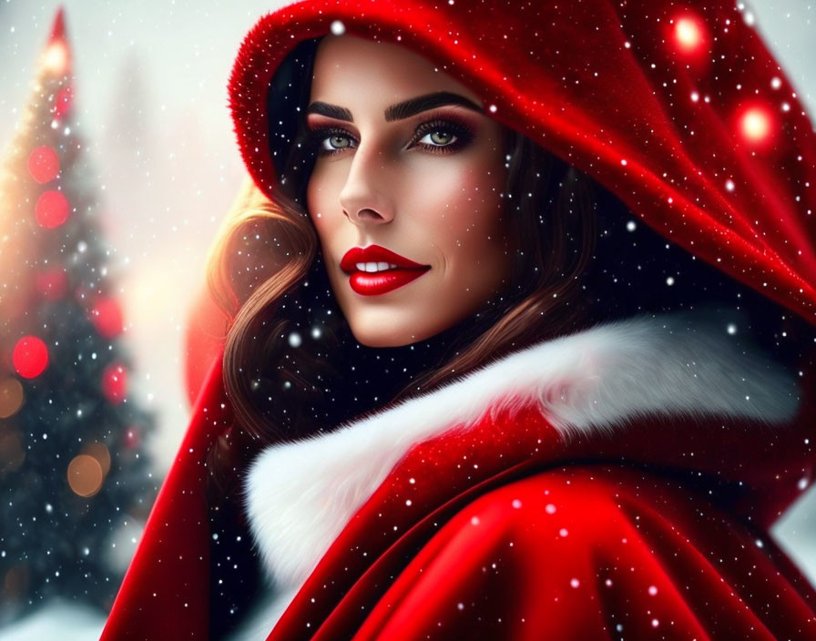 Digital Artwork: Woman with Green Eyes and Red Lips in Red Cloak