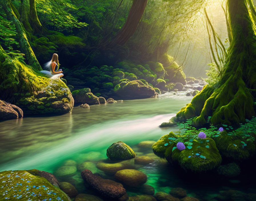 Tranquil forest scene with stream, moss-covered rocks, lush greenery, and woman in contempl