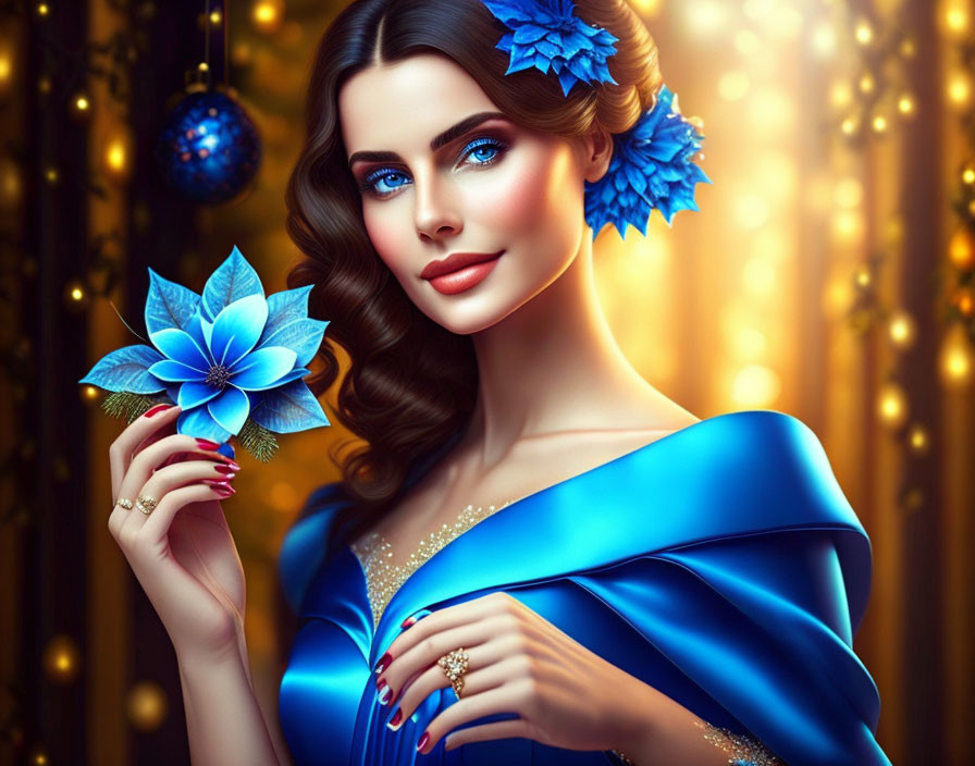 Woman with Blue Flowers in Hair Holding Bloom in Blue Gown with Golden Lights and Ornaments