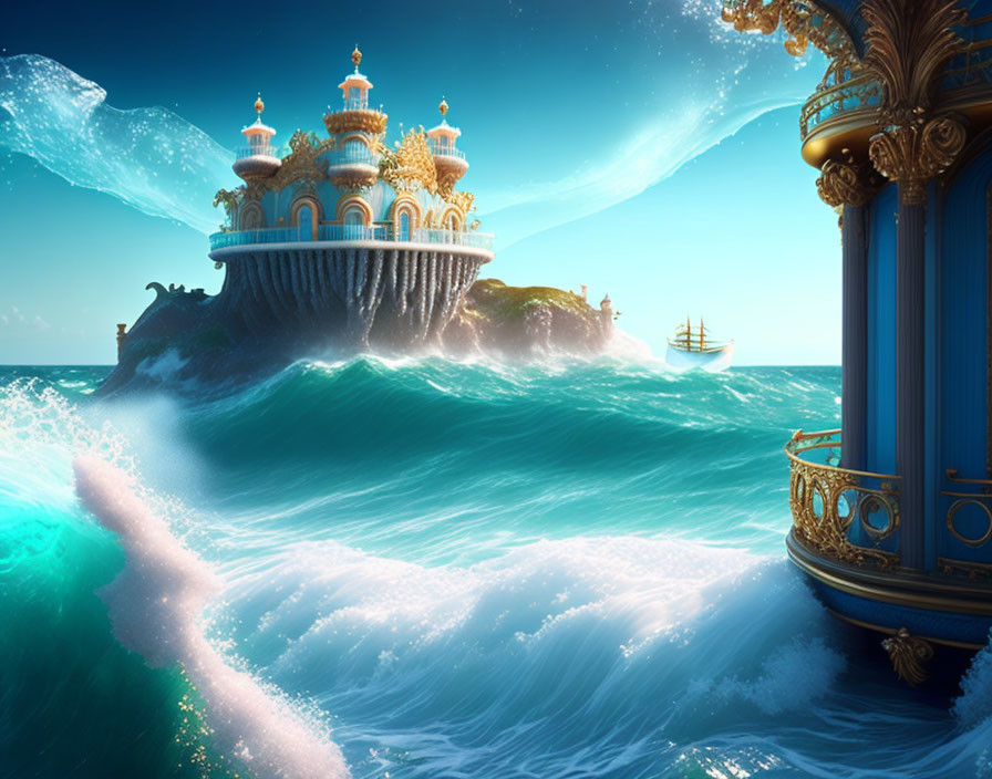 Ocean Scene with Majestic Palace on Giant Turtle Shell and Sailing Ship