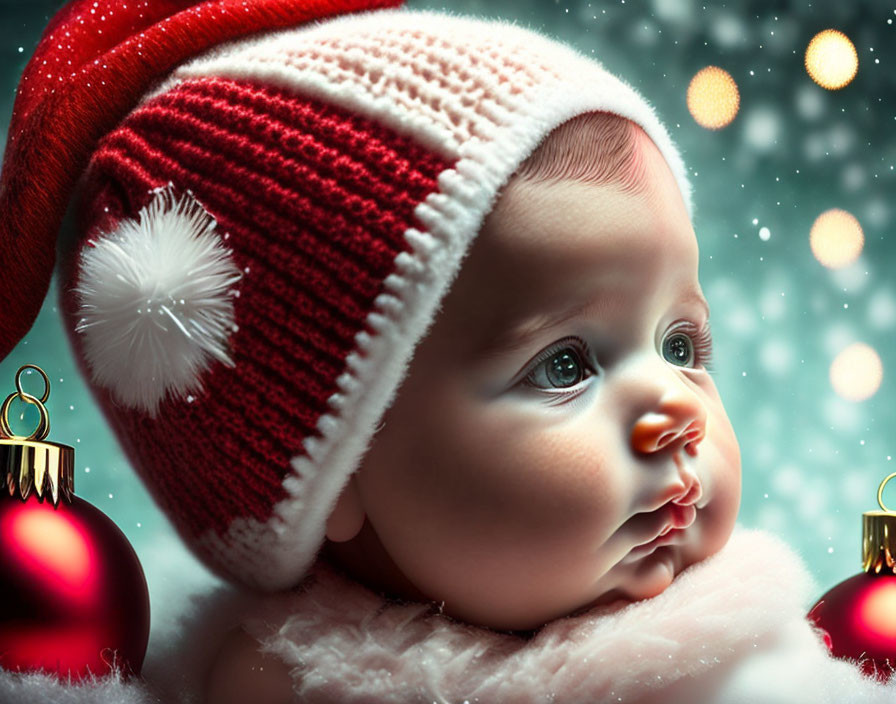 Baby in Santa Hat with Christmas Decorations and Snowflakes