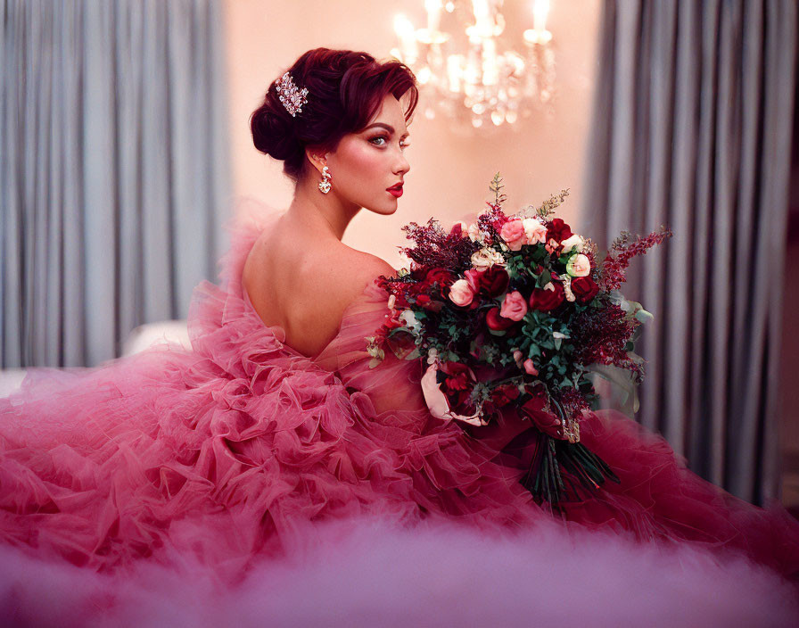 Elegant woman in pink tulle gown with bouquet in luxurious room