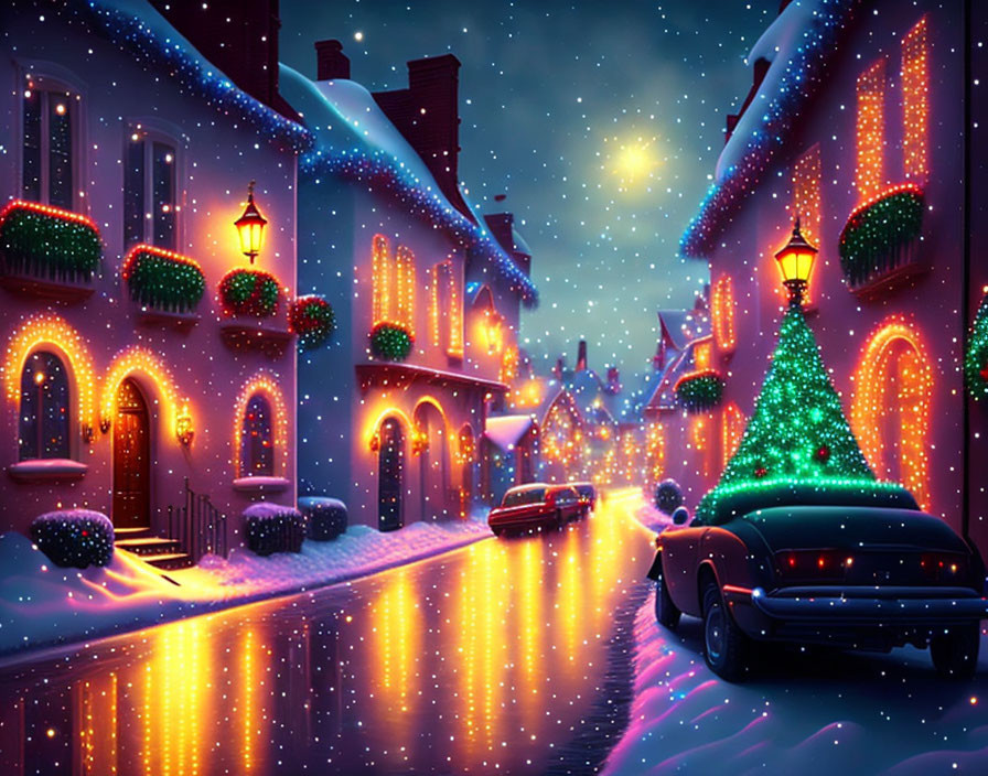 Snow-covered street at night with Christmas lights and glowing street lamps