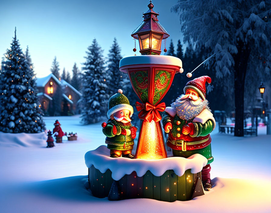 Winter scene with Santa, snowman, lantern, and cozy houses in the snow