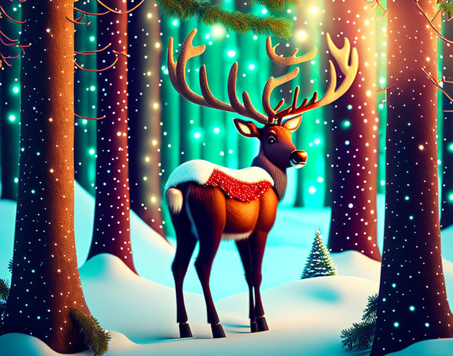 Festive cartoon reindeer with red nose in snowy forest