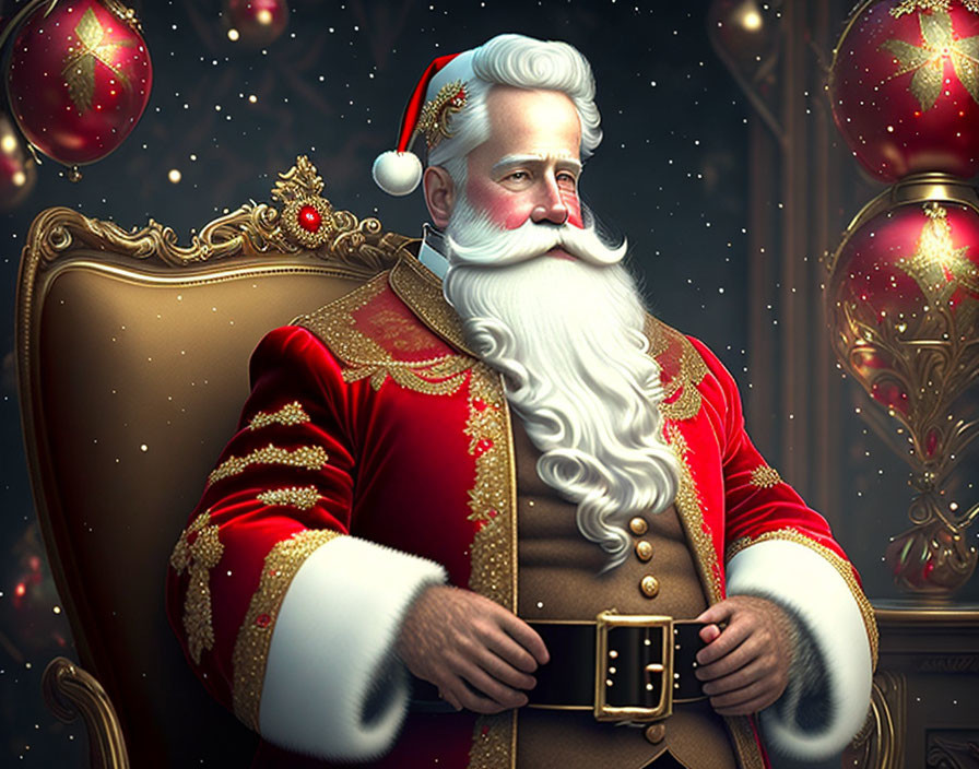 Santa Claus Illustration: Red & Gold Outfit, Throne Chair, Christmas Ornaments