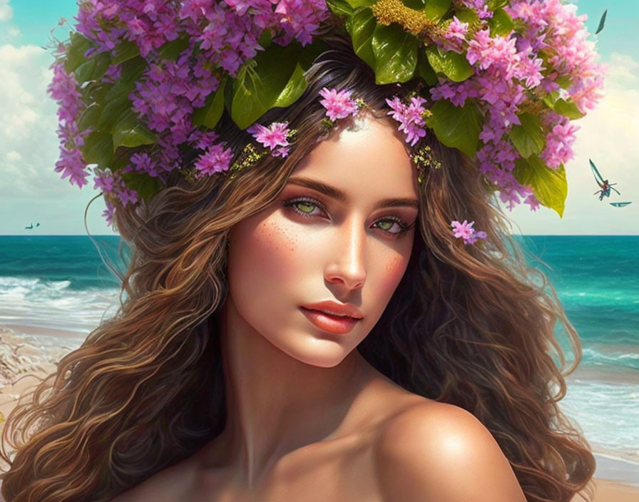 Digital artwork: Woman with floral crown, wavy hair, serene beach.