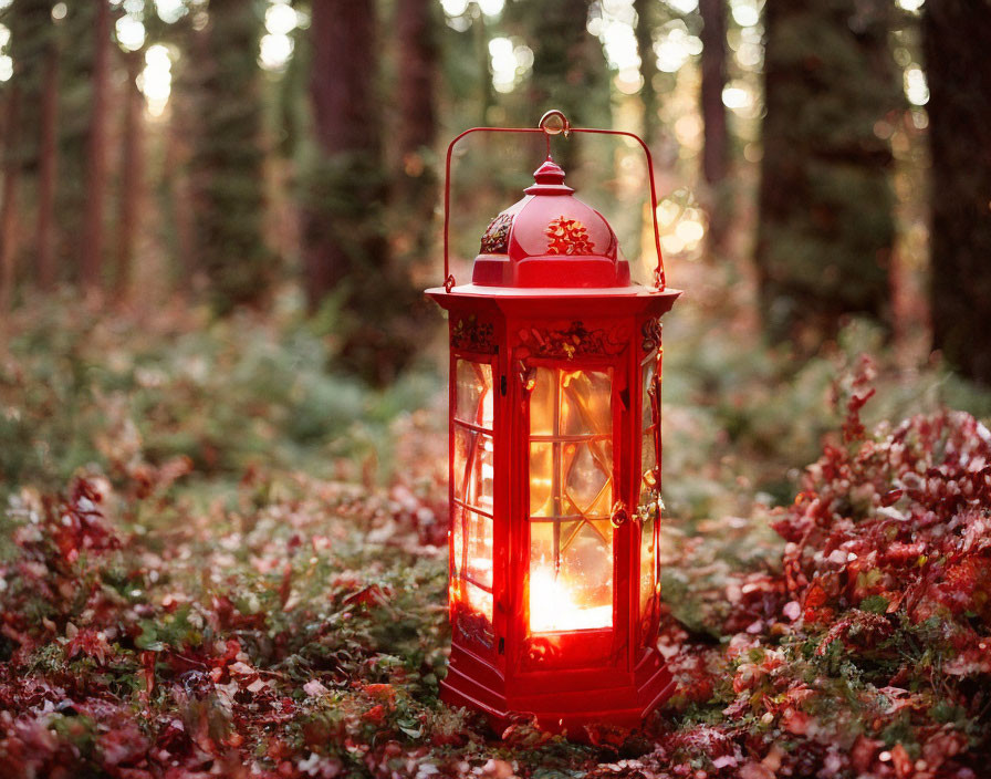 Red Lantern Illuminated in Autumn Forest Scene